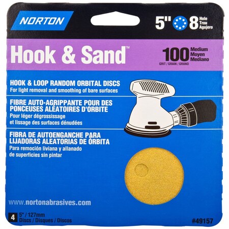 Norton Abrasives Hook & Sand 5 in. Aluminum Oxide Hook and Loop A290 Sandpaper Vacuum Disc 100 Grit Medium 4 PK 07660749157